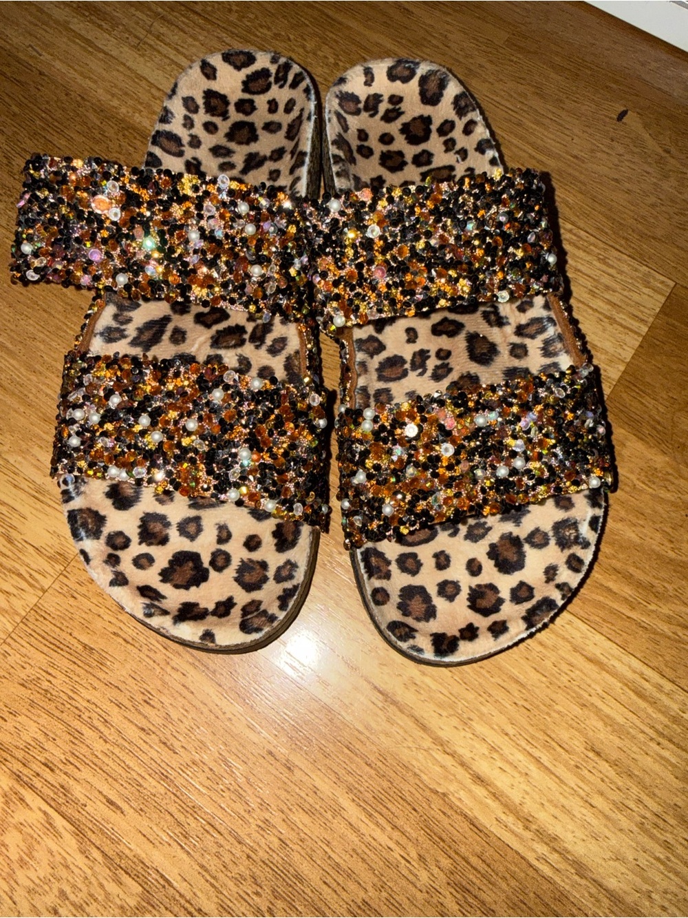 Embellished Leopard Print Slide Sandals - Brown